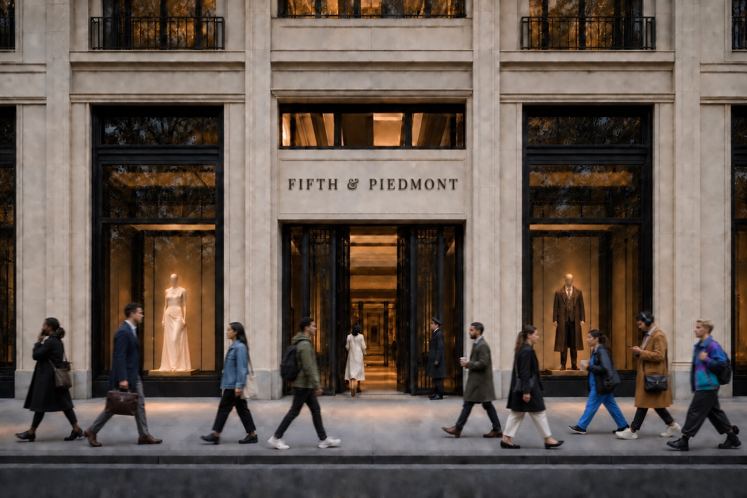Pedestrians passing illuminated storefront windows beneath Fifth & Piedmont signage