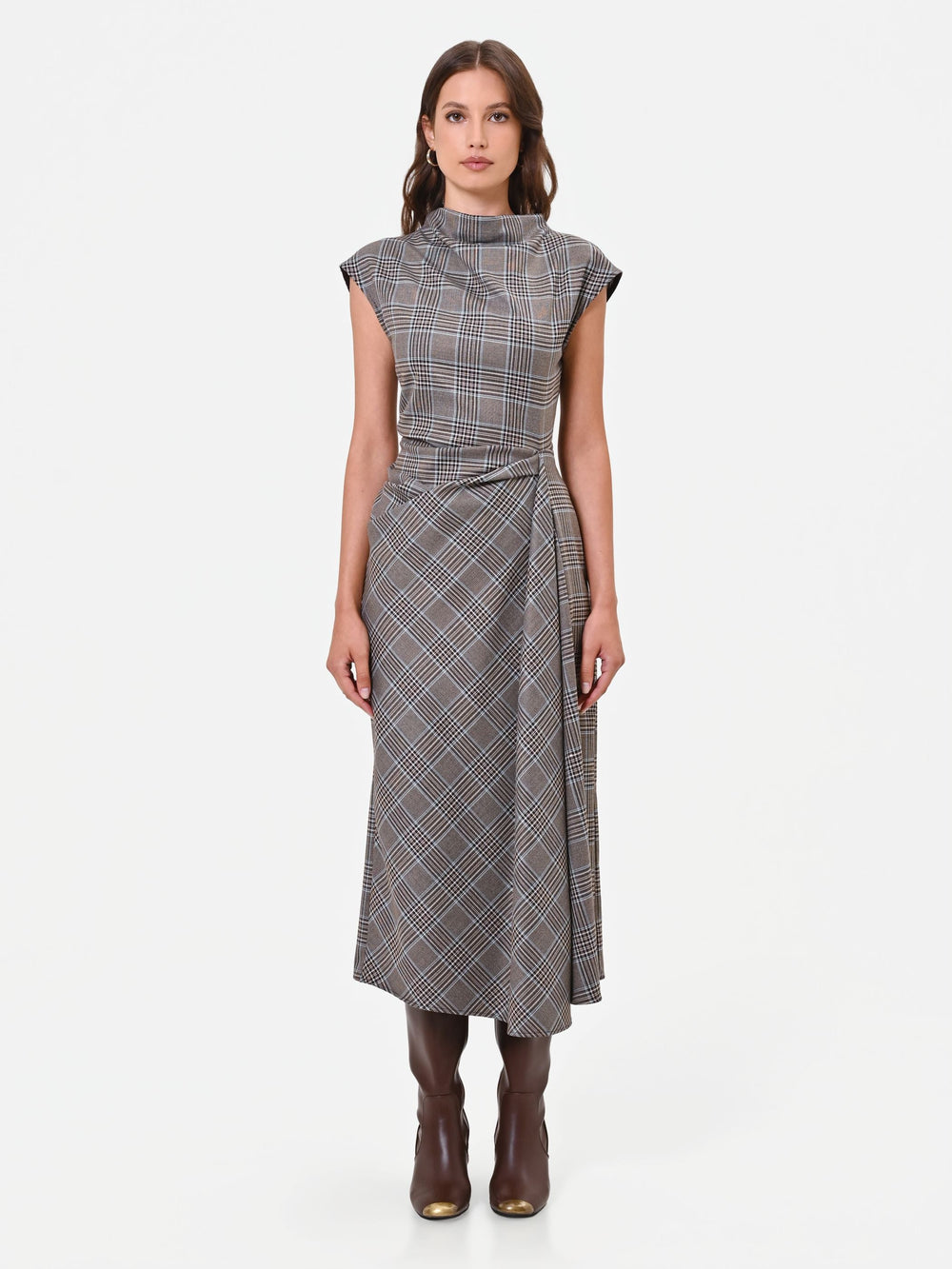 Checked Wrap Midi Dress in Brown Check, primary view [fp-color:brown-check]