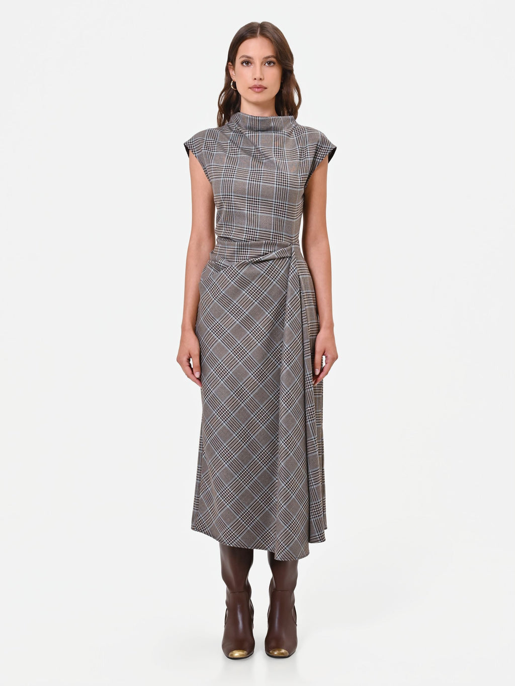 Checked Wrap Midi Dress in Brown Check, primary view