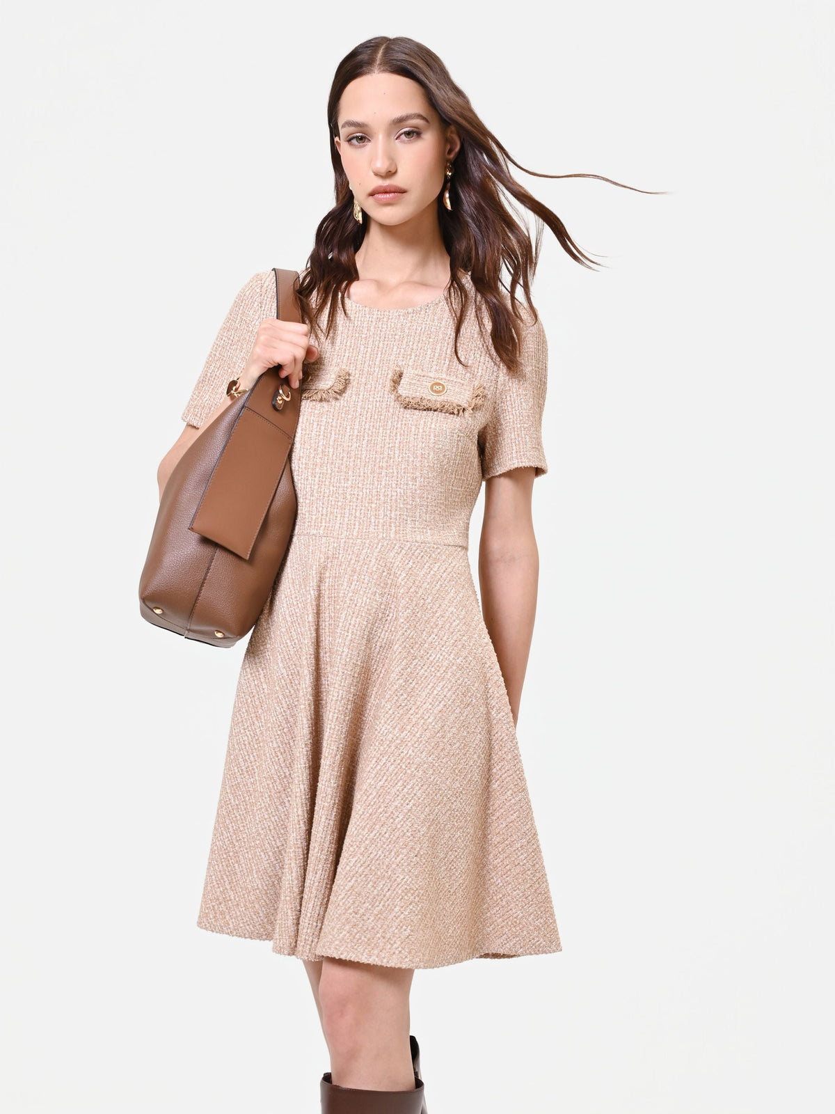 Tweed-Effect Mini Dress in Taupe, view 5