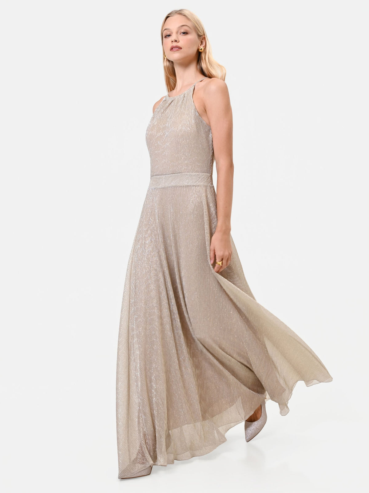 Metallic Halter Maxi Dress in Gold, view 3