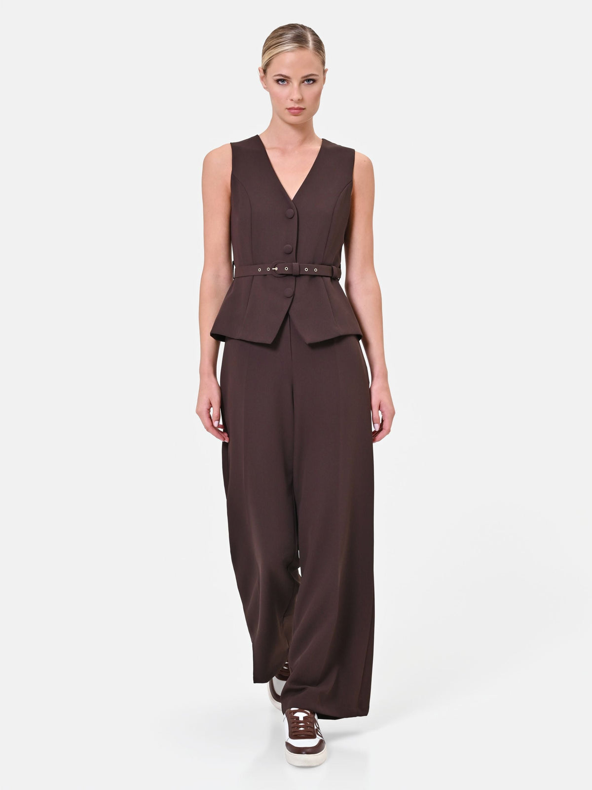 Fluid Wide-Leg Jumpsuit in Chocolate, view 5