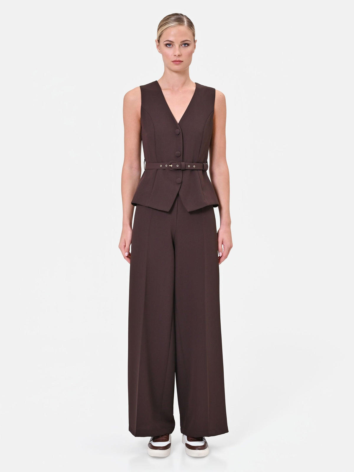 Fluid Wide-Leg Jumpsuit in Chocolate, primary view