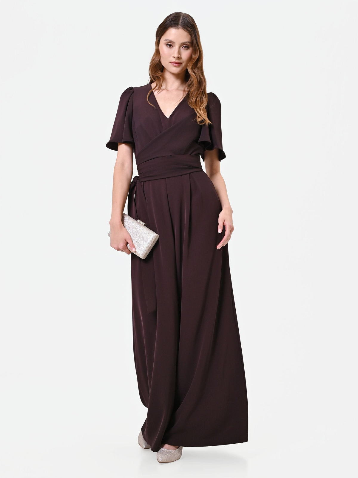 Wrap-Front Palazzo Jumpsuit in Chocolate, view 5