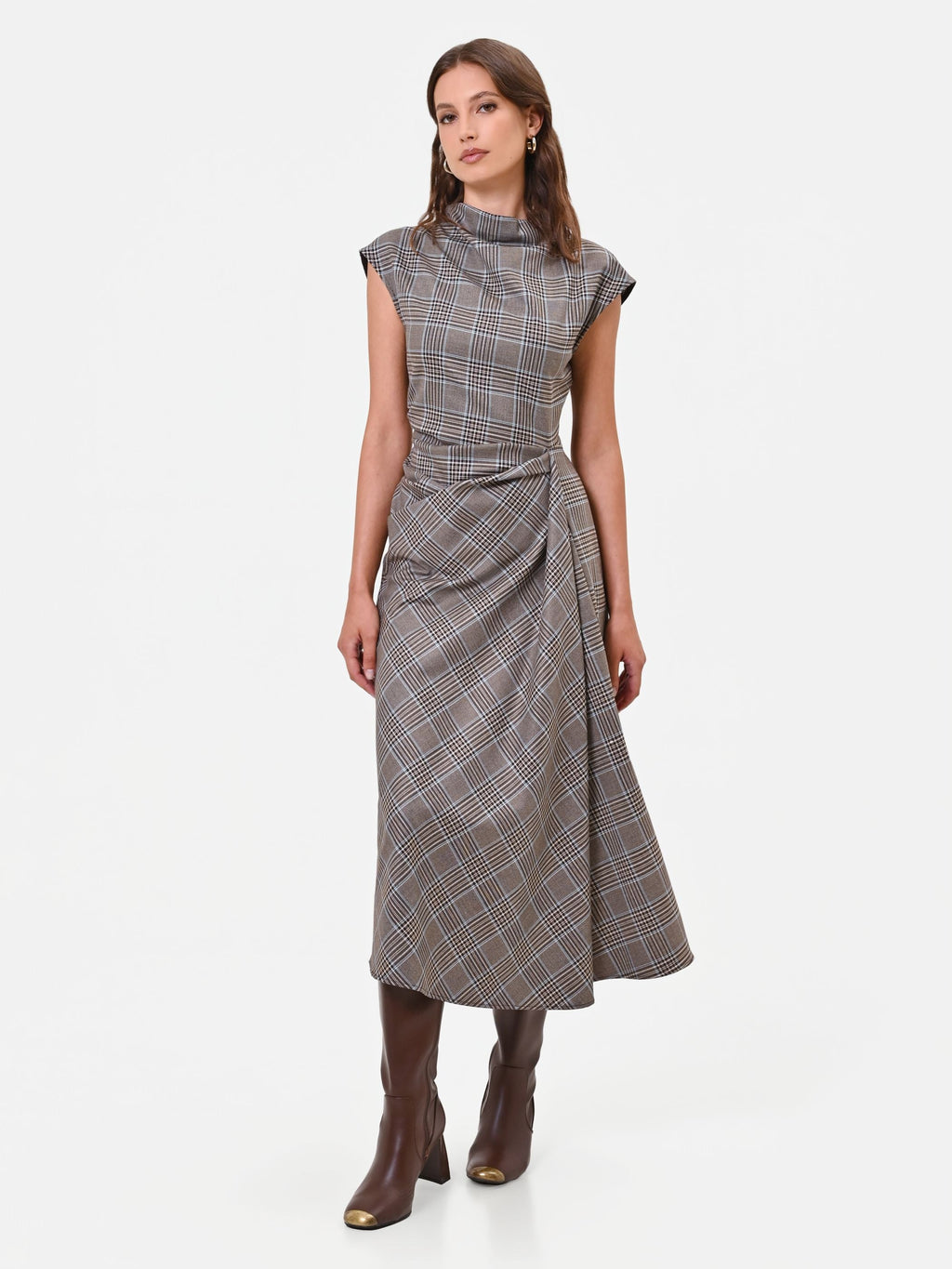Checked Wrap Midi Dress in Brown Check, view 4