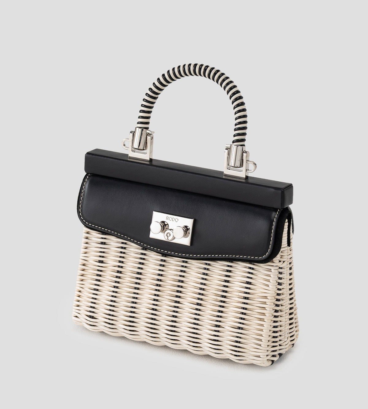 Small Paris Wicker Top-Handle Bag in Black & Natural, view 3