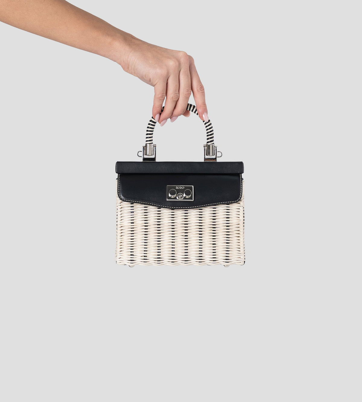 Small Paris Wicker Top-Handle Bag in Black & Natural, view 2