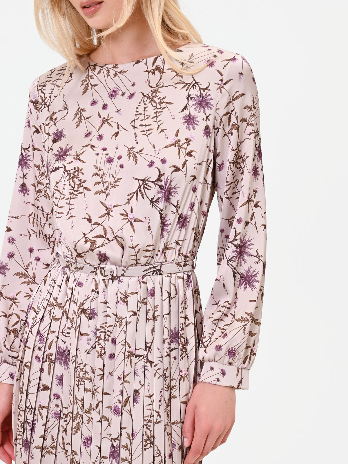 Botanical-Print Pleated Midi Dress in Rose Botanical Print, view 3
