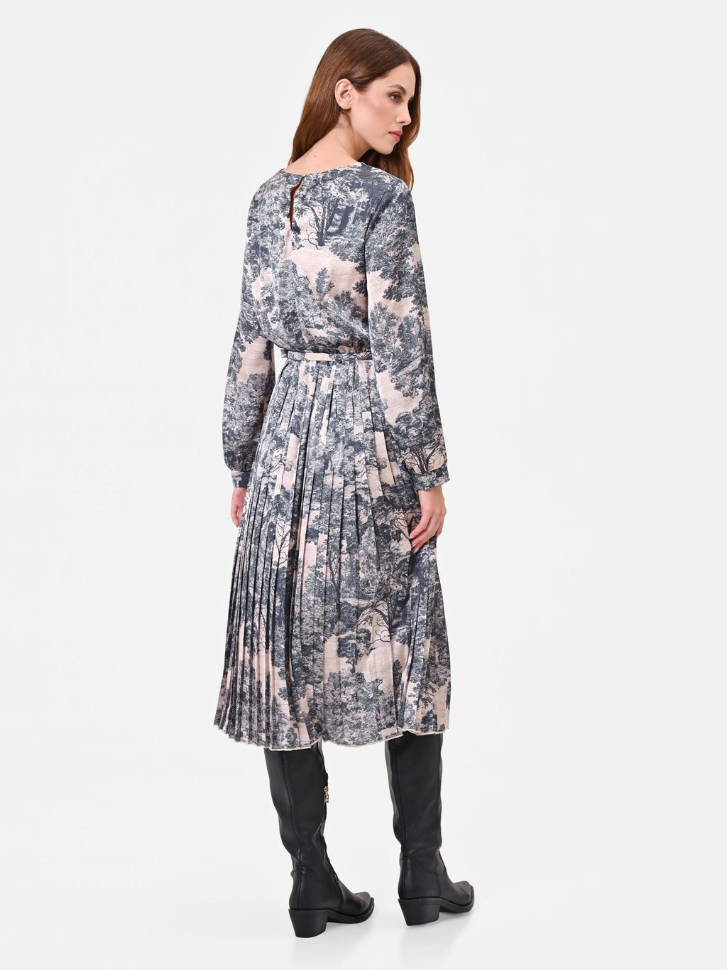 Toile-Print Pleated Midi Dress in Gray Toile Print, view 2