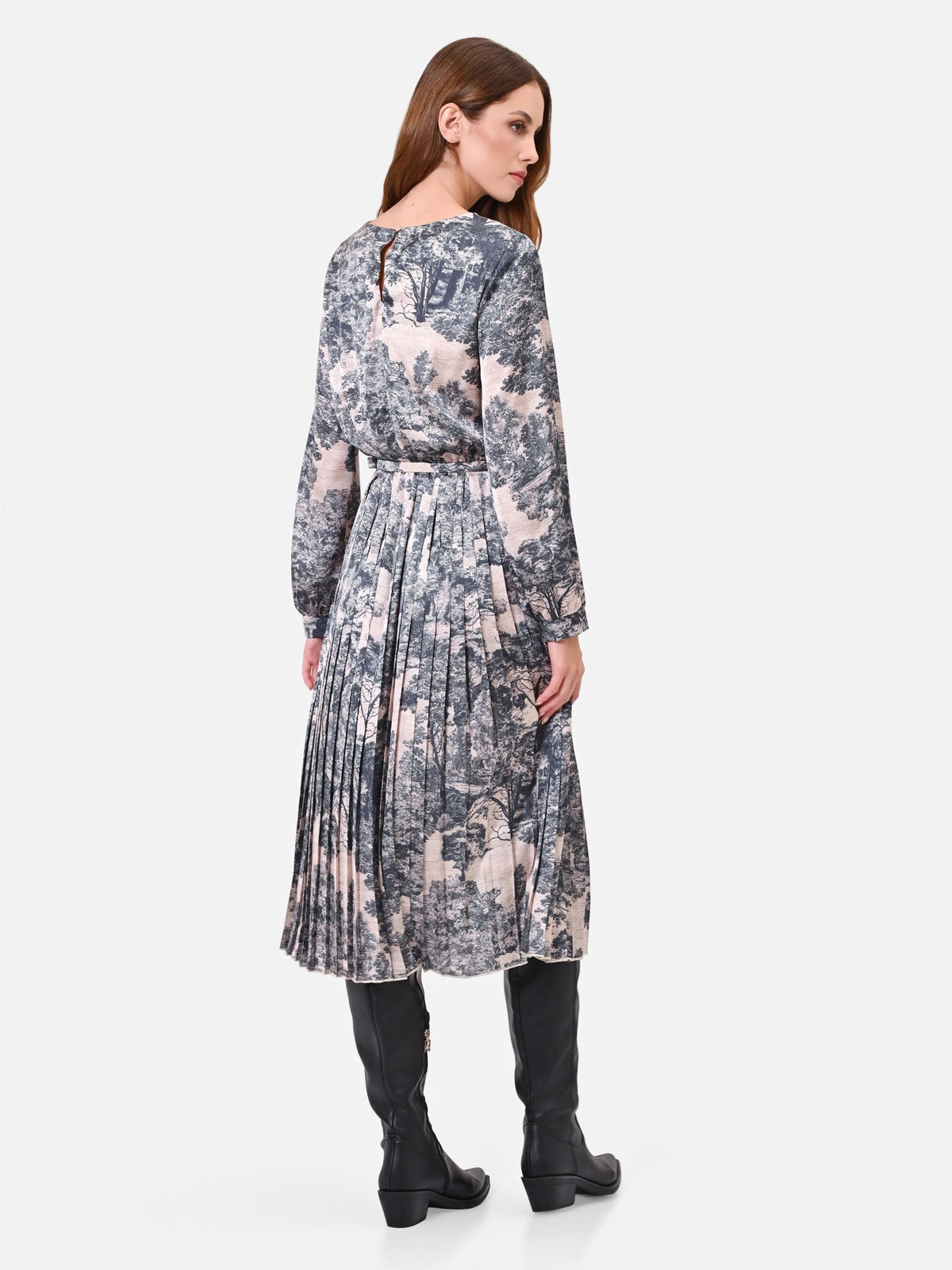 Toile-Print Pleated Midi Dress in Gray Toile Print, view 2