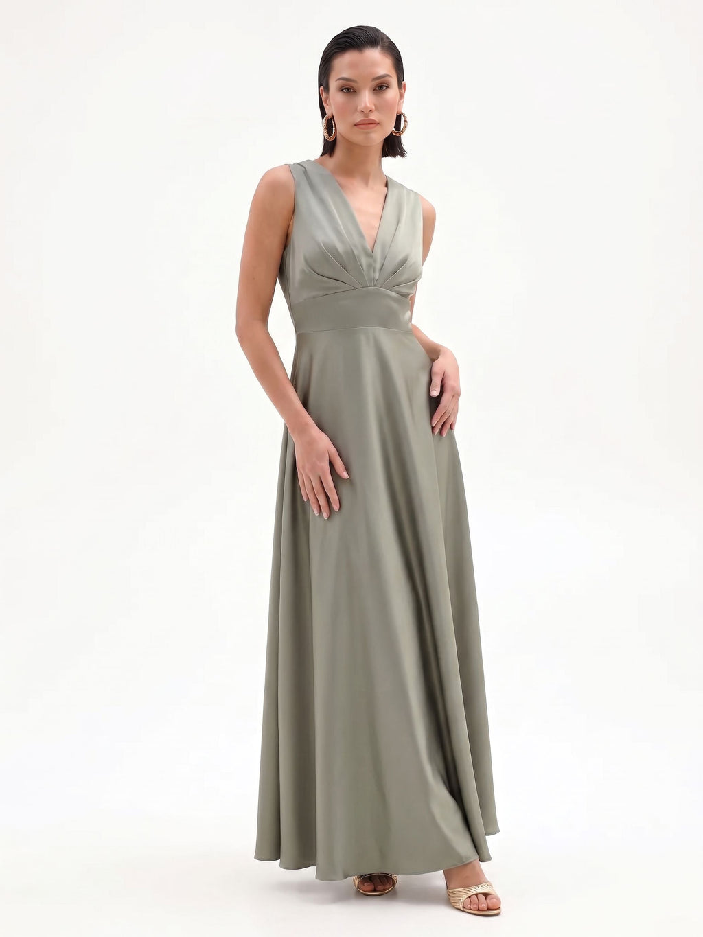 Draped Satin Maxi Dress in Sage, view 3