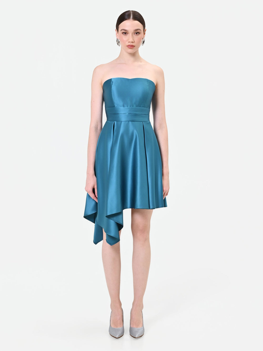 Asymmetric Bustier Dress in Teal, primary view [fp-color:teal]