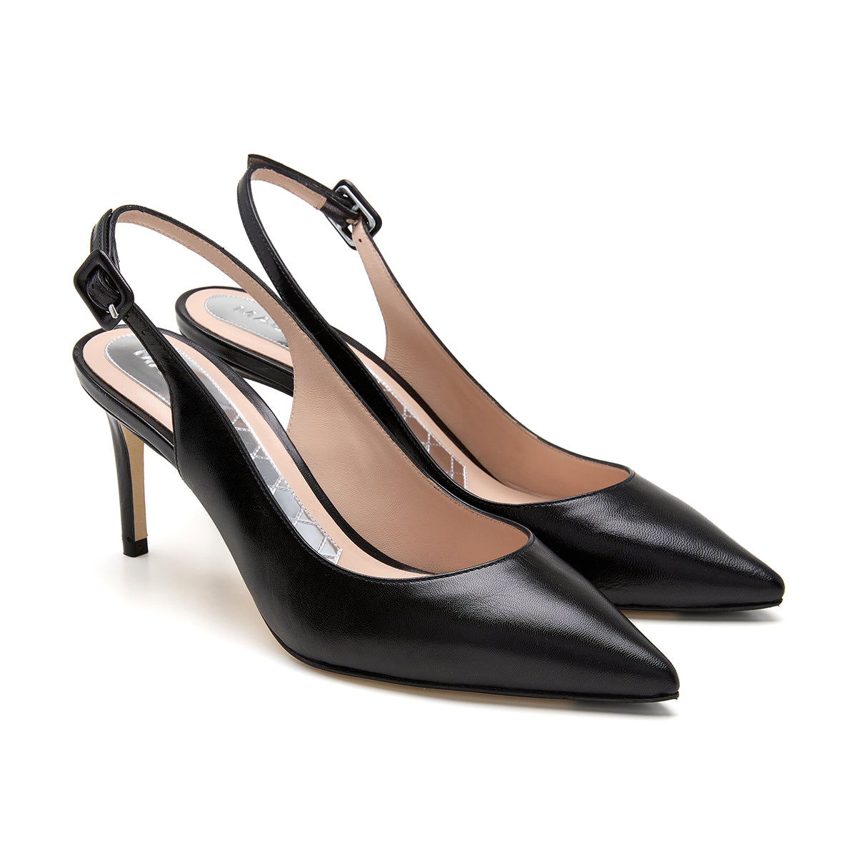 Step Pointed Leather Slingbacks with Buckle in Black