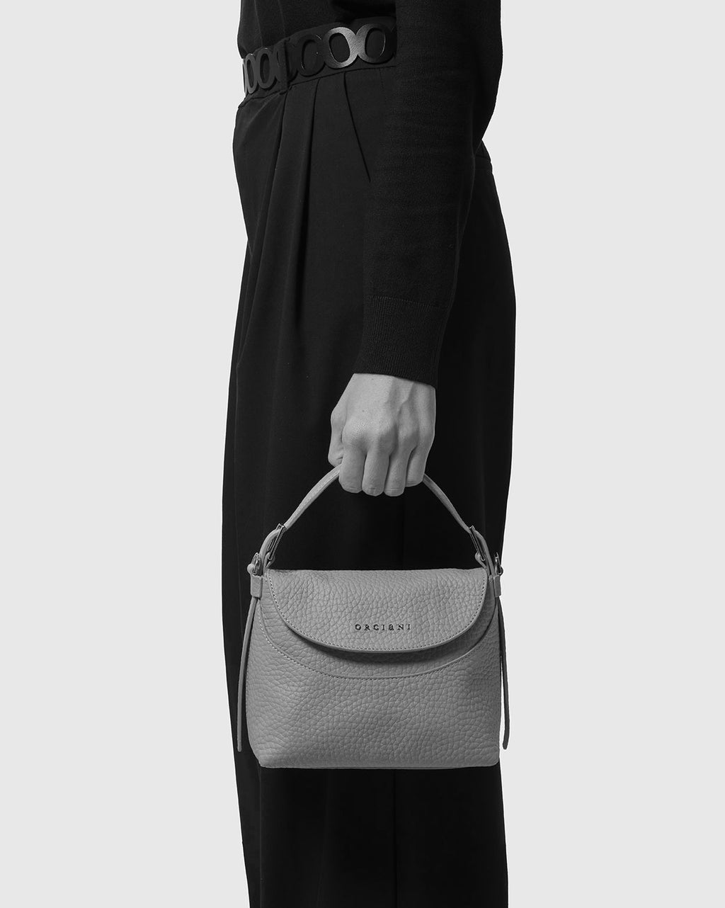 Line Small Grained Leather Handbag with Strap