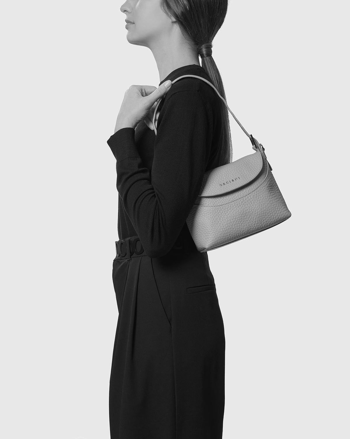 Line Small Grained Leather Handbag with Strap