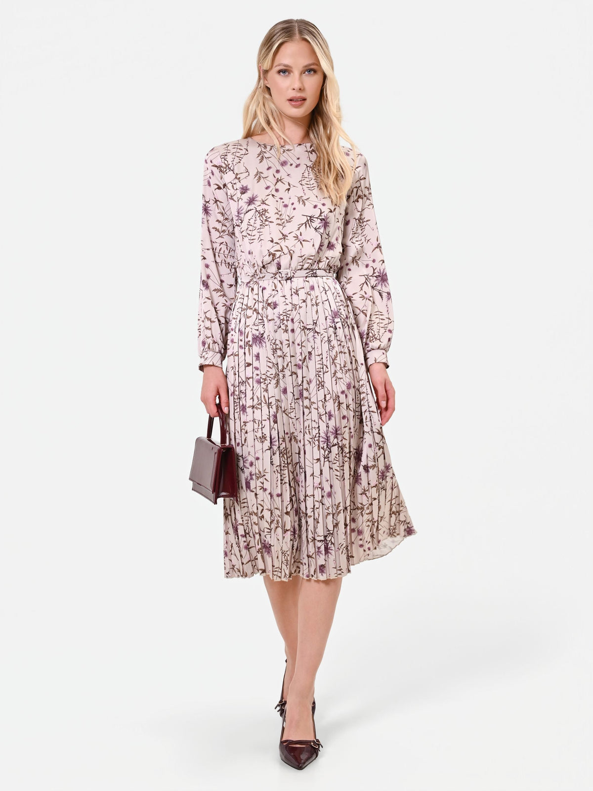 Botanical-Print Pleated Midi Dress in Rose Botanical Print, view 6
