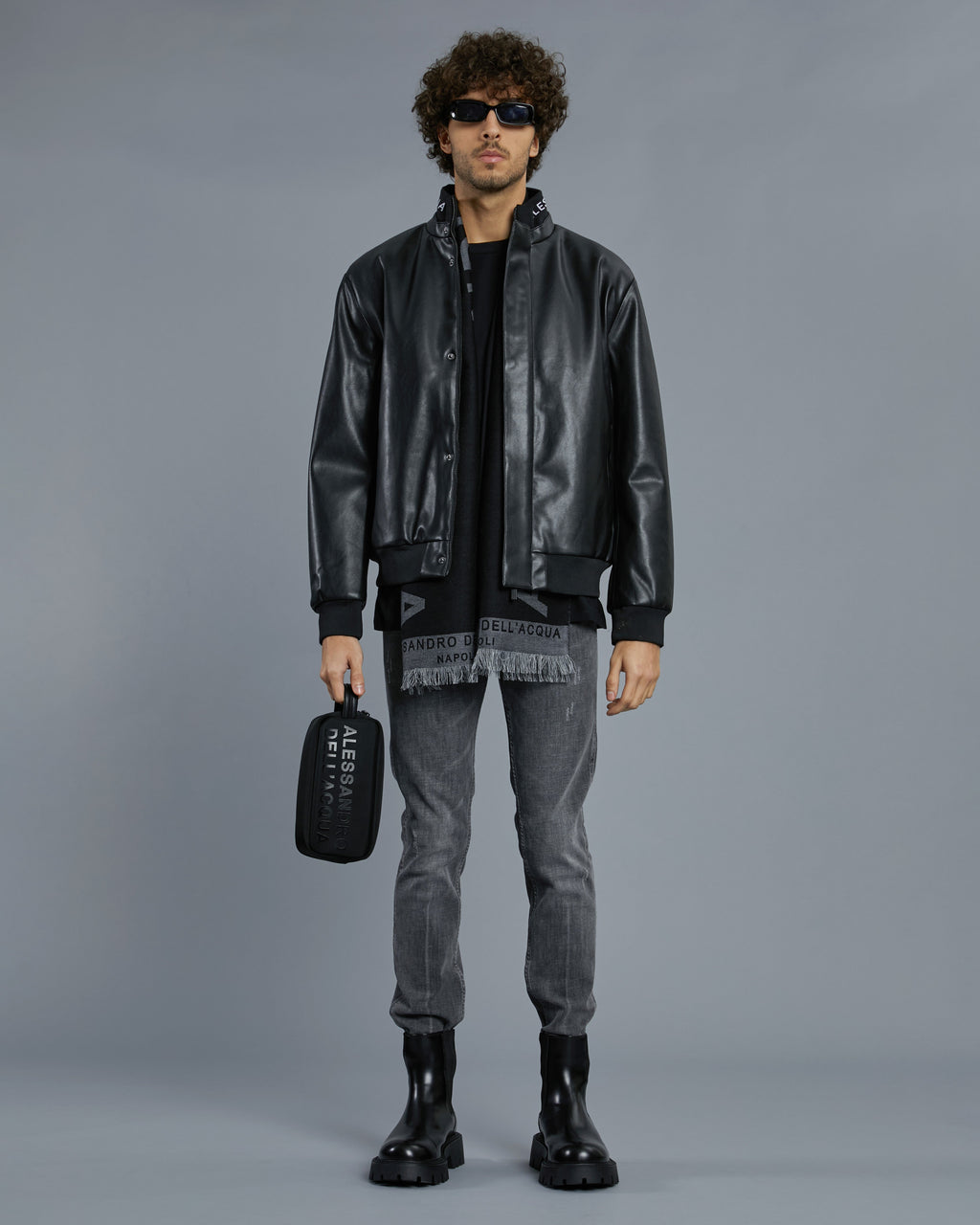 Knitted Collar Leather Jacket, primary view