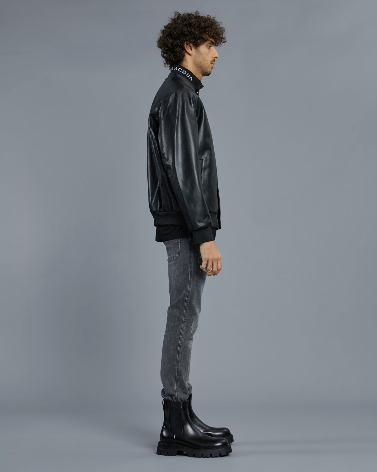 Knitted Collar Leather Jacket, view 3