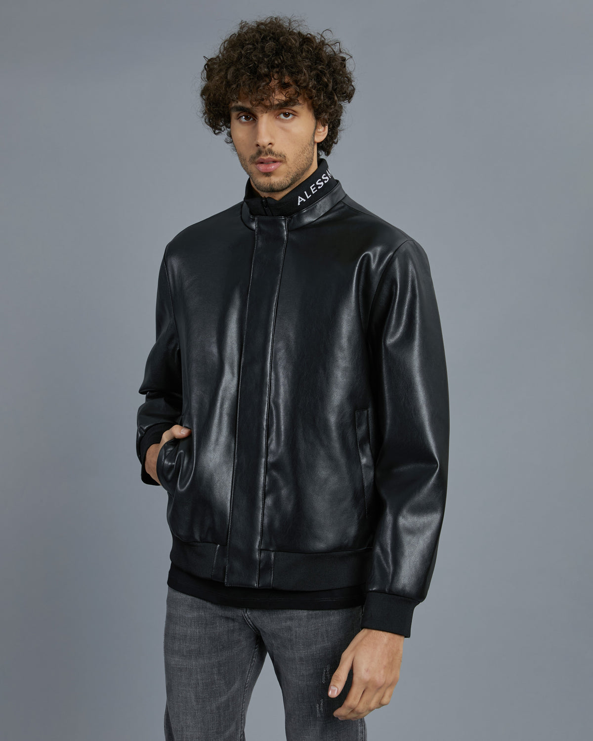 Knitted Collar Leather Jacket, view 2