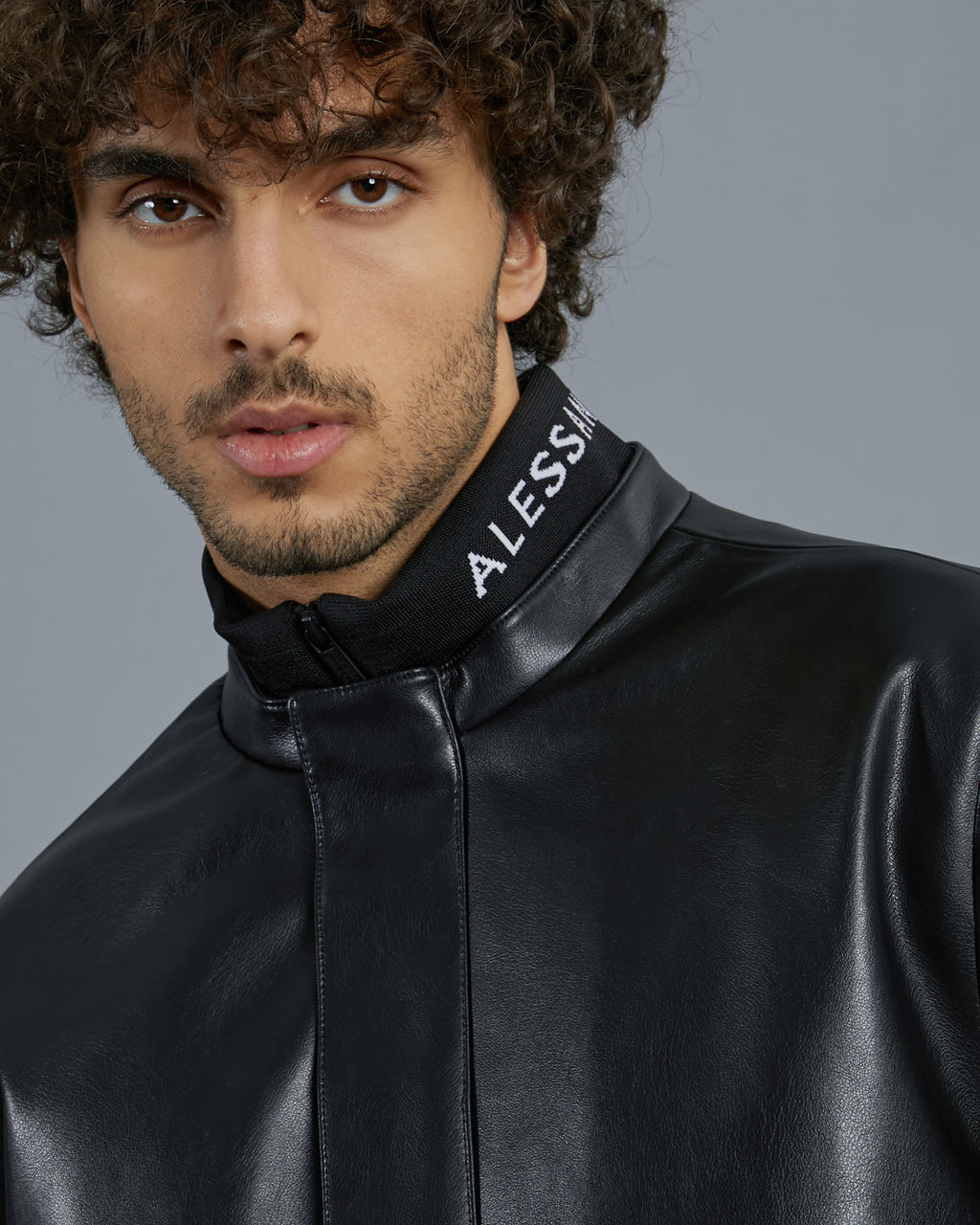 Knitted Collar Leather Jacket, view 4