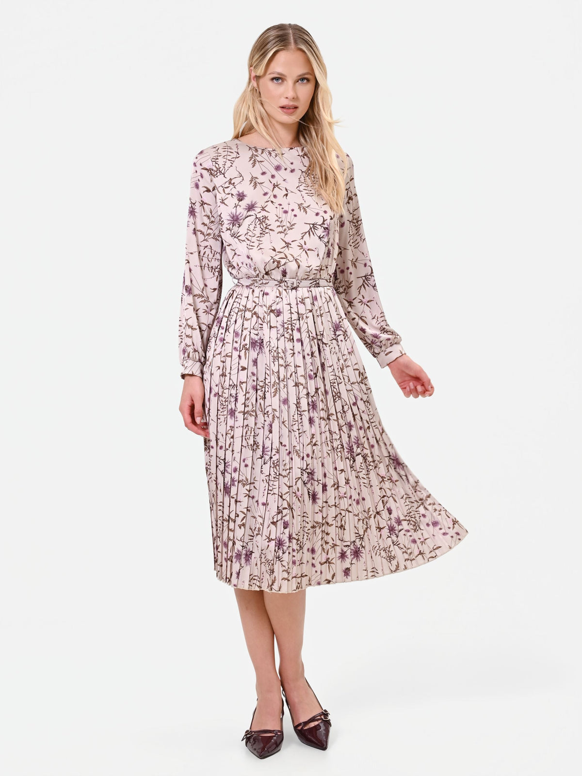 Botanical-Print Pleated Midi Dress in Rose Botanical Print, view 4