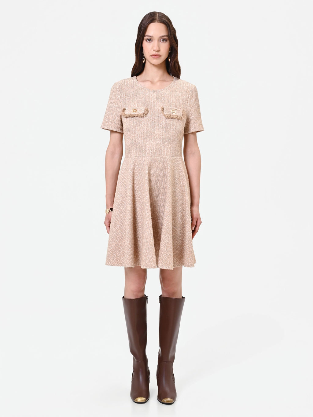 Tweed-Effect Mini Dress in Taupe, primary view