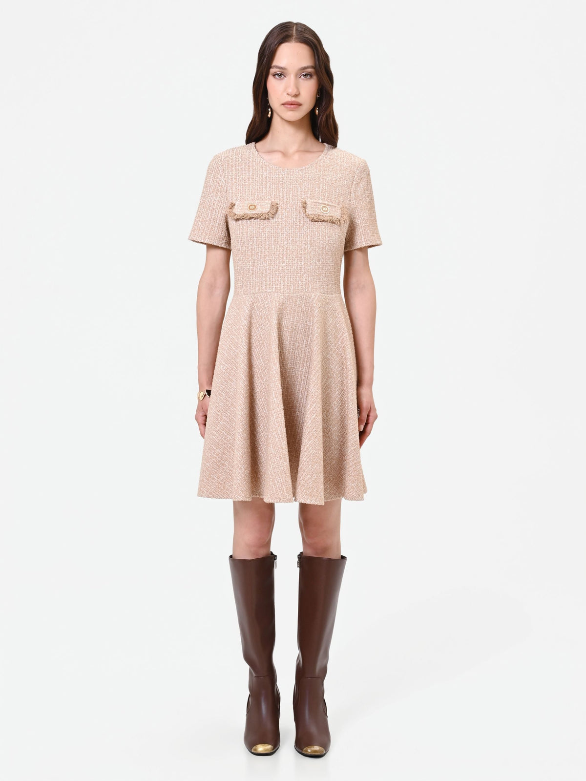Tweed-Effect Mini Dress in Taupe, primary view