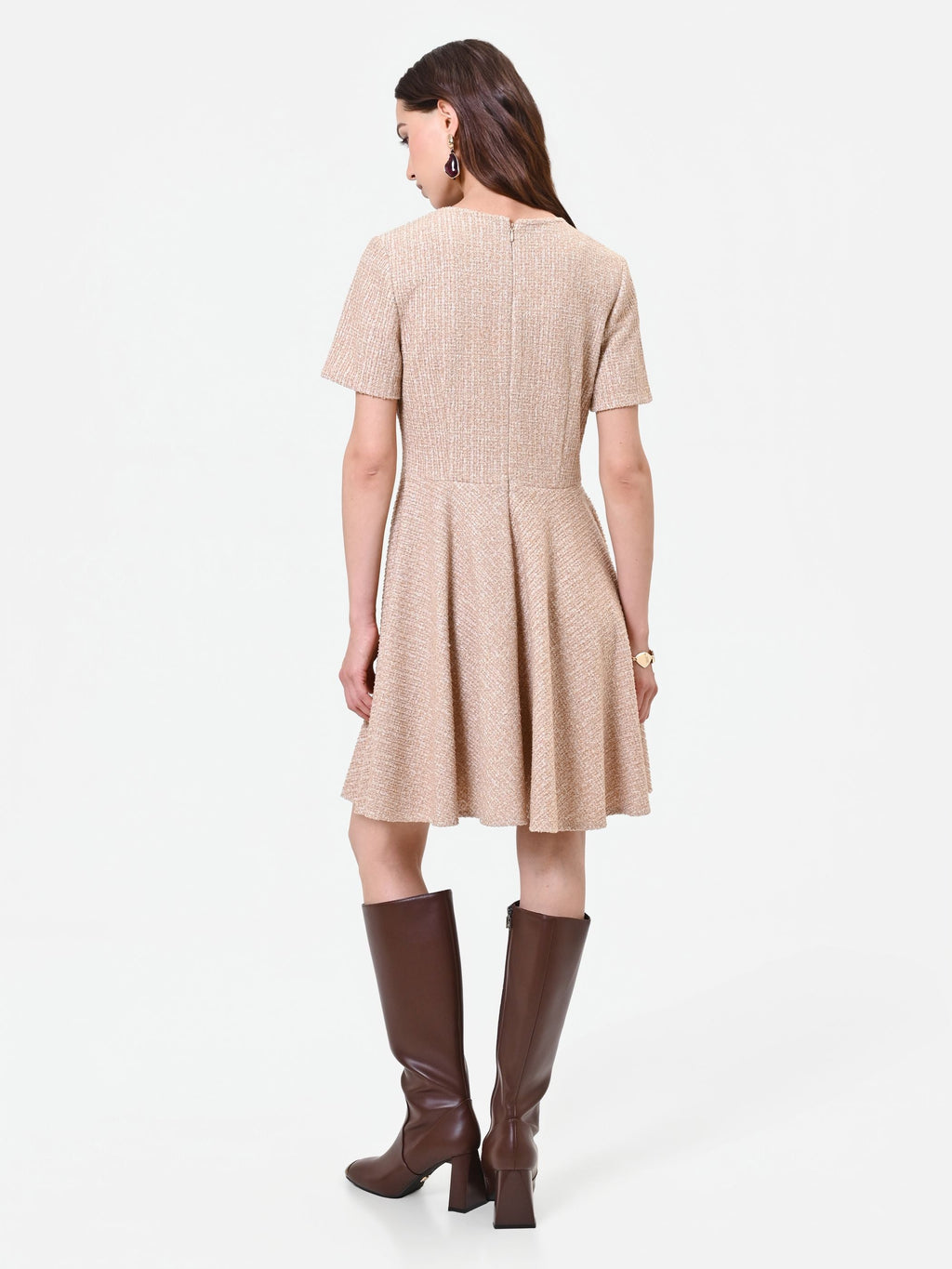 Tweed-Effect Mini Dress in Taupe, view 2