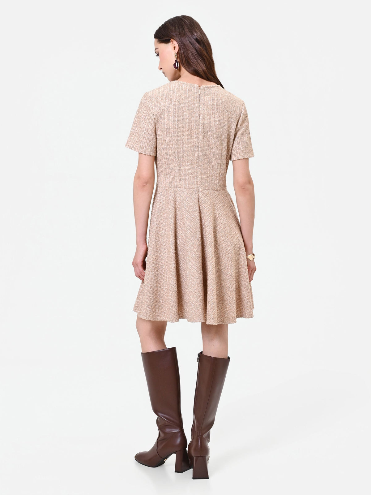 Tweed-Effect Mini Dress in Taupe, view 2