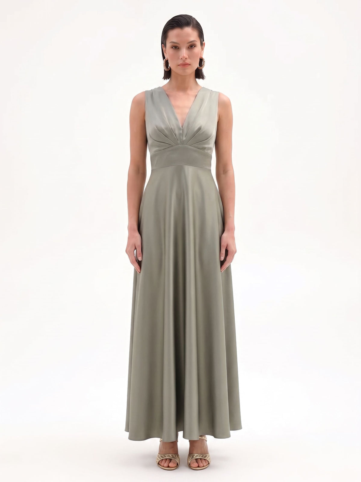Draped Satin Maxi Dress in Sage, primary view