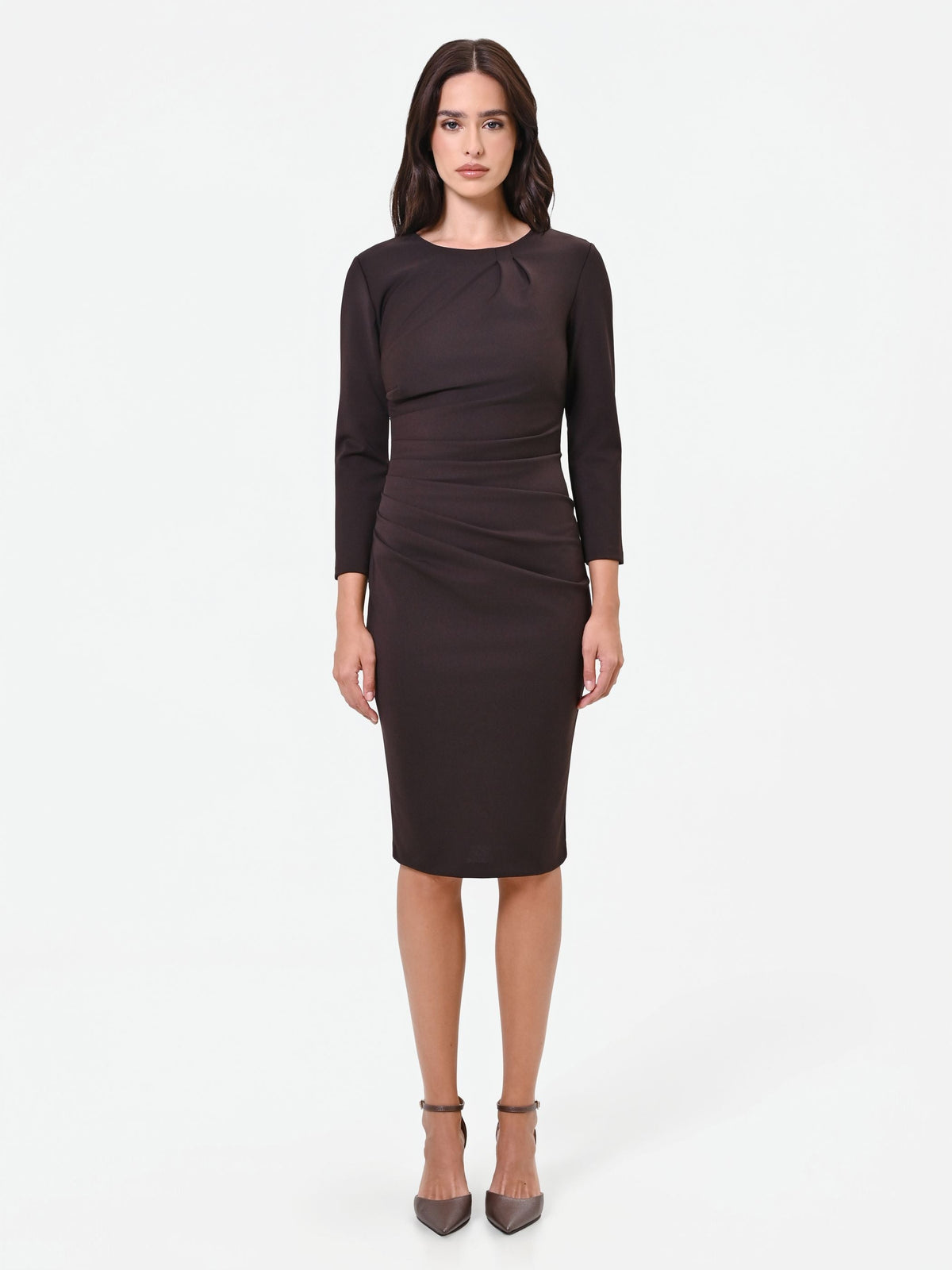 Draped Sheath Dress in Chocolate, primary view