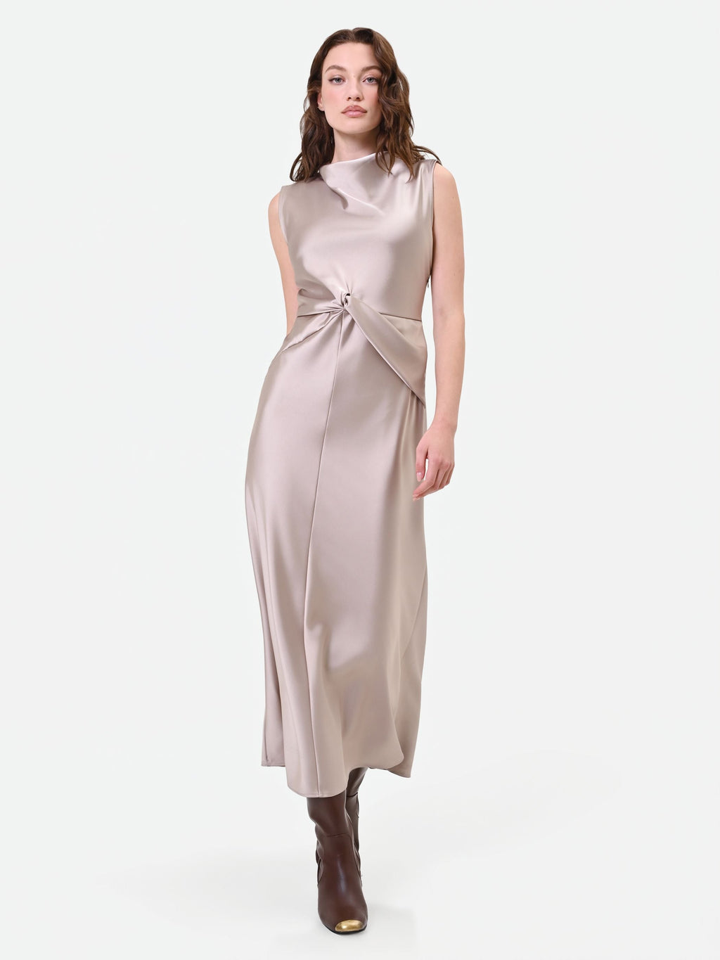 Knotted Satin Maxi Dress in Taupe, view 4