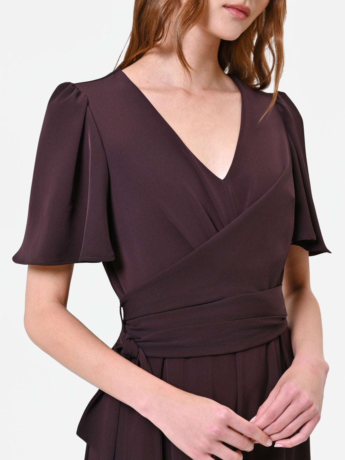 Wrap-Front Palazzo Jumpsuit in Chocolate, view 4