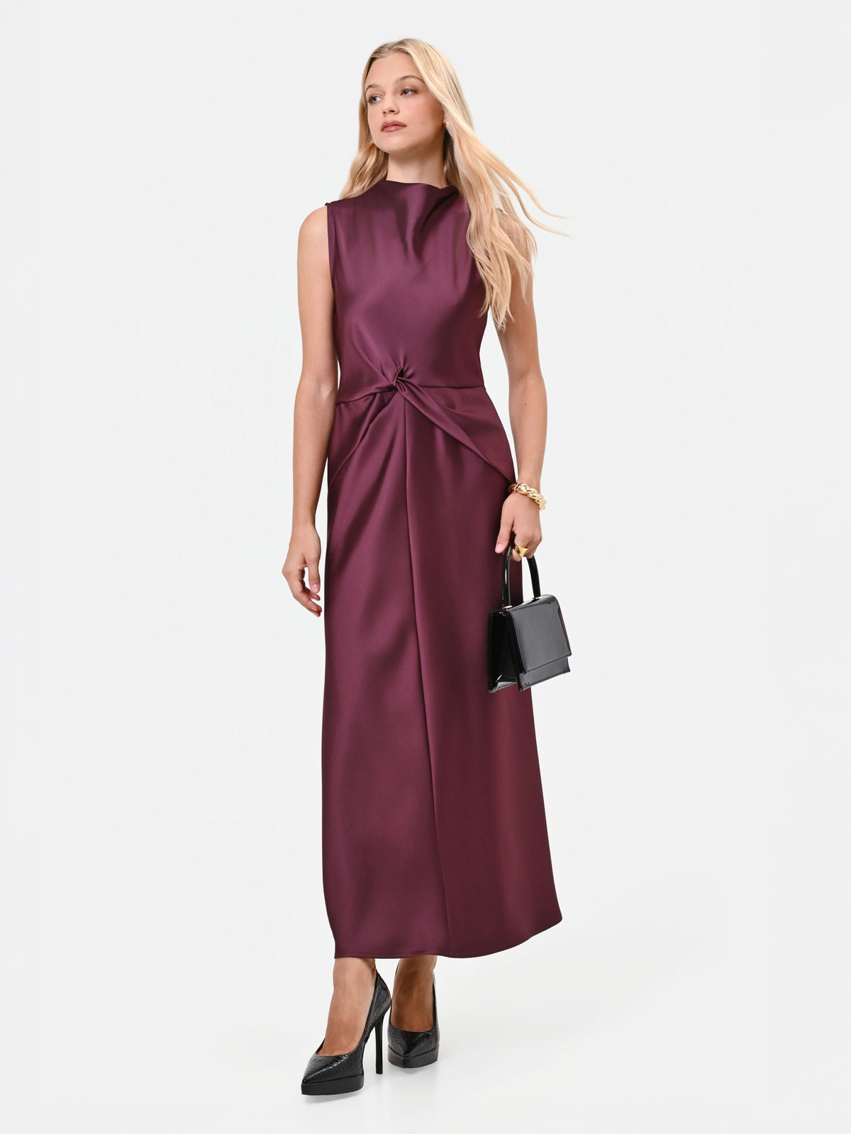 Knotted Satin Maxi Dress in Bordeaux, view 5