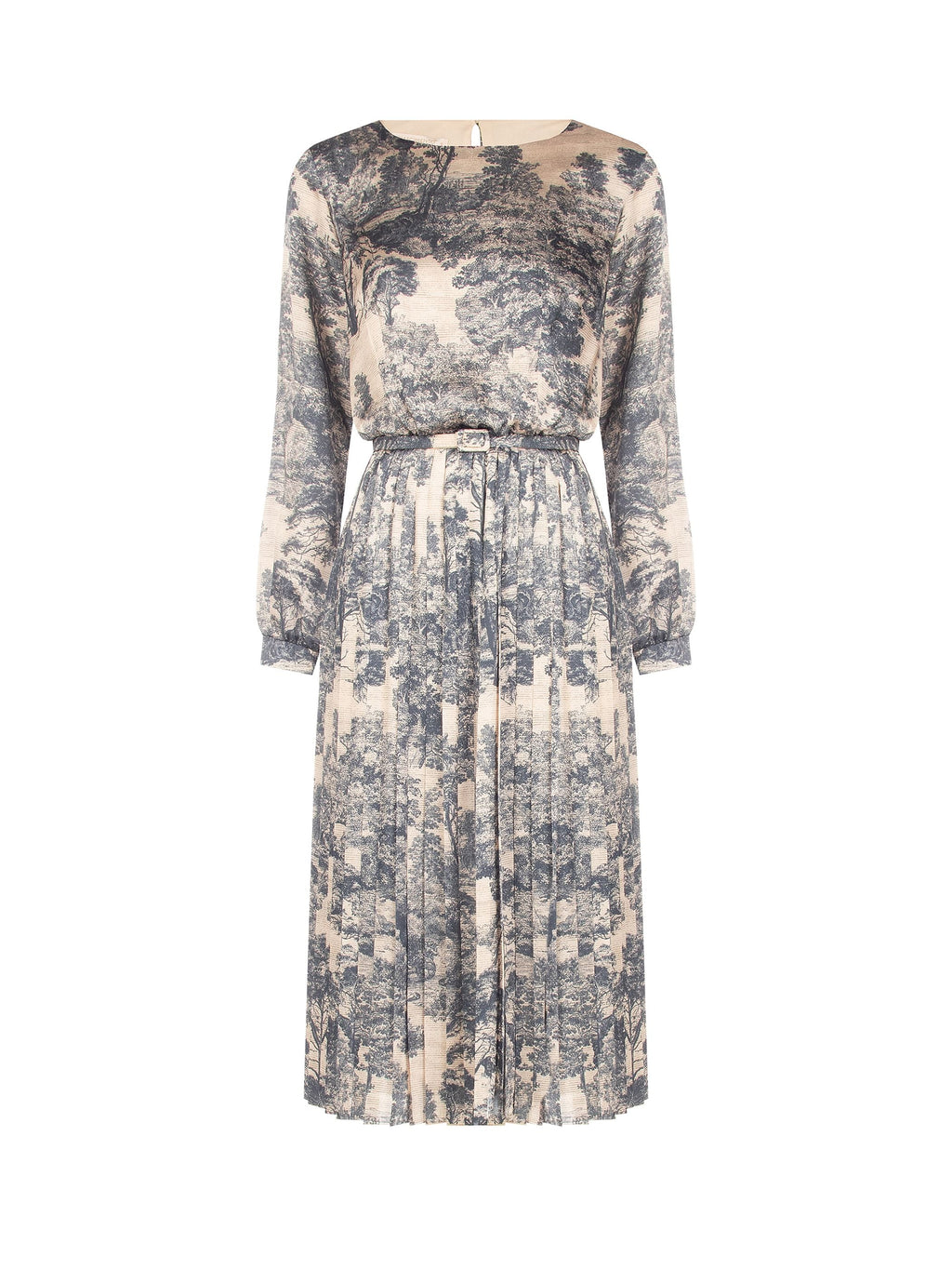 Toile-Print Pleated Midi Dress in Gray Toile Print, view 5