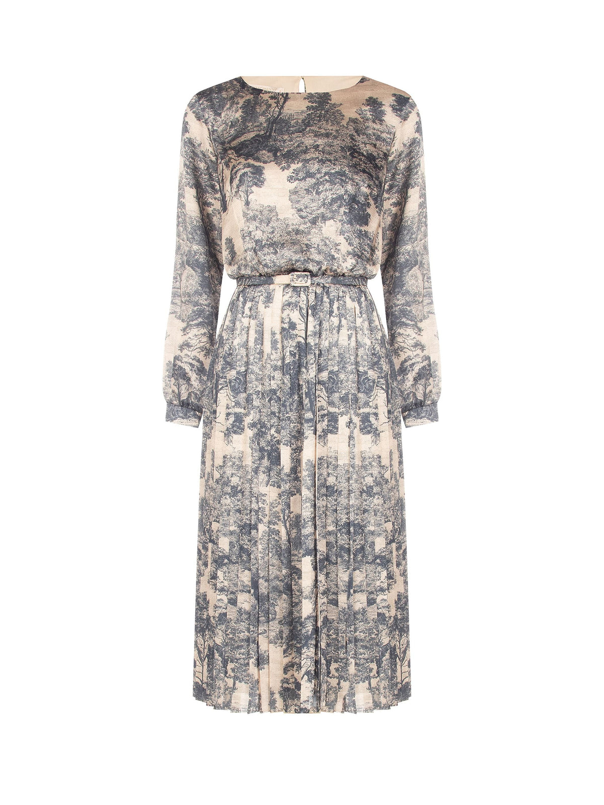 Toile-Print Pleated Midi Dress in Gray Toile Print, view 5