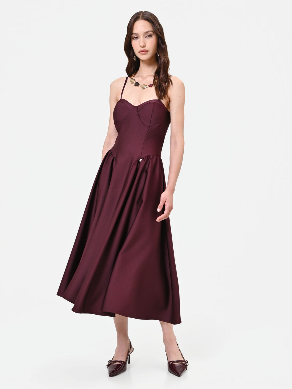 Satin Bustier Midi Dress in Bordeaux, view 4