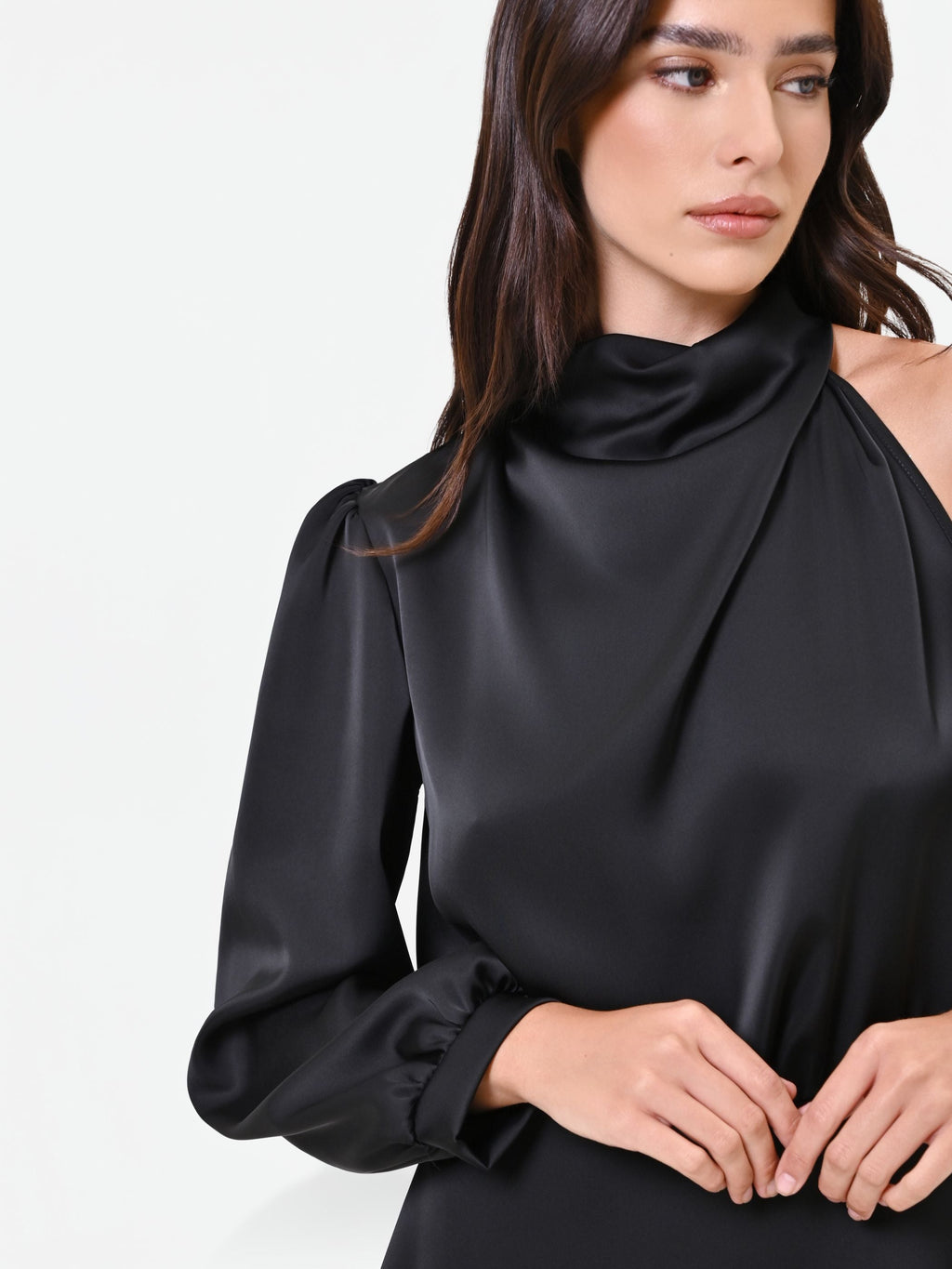 One-Shoulder Satin Mini Dress in Black, view 2