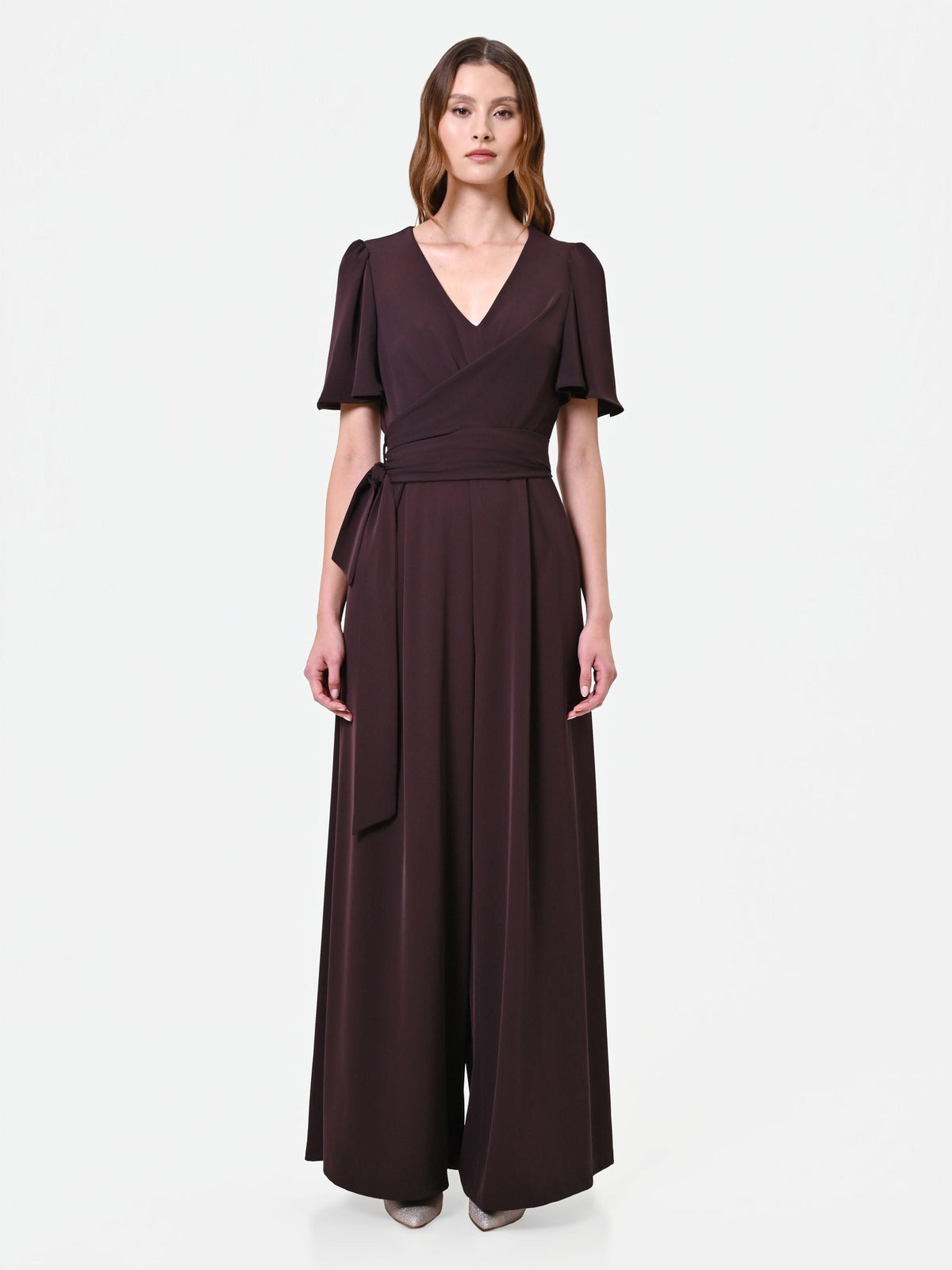 Wrap-Front Palazzo Jumpsuit in Chocolate, primary view