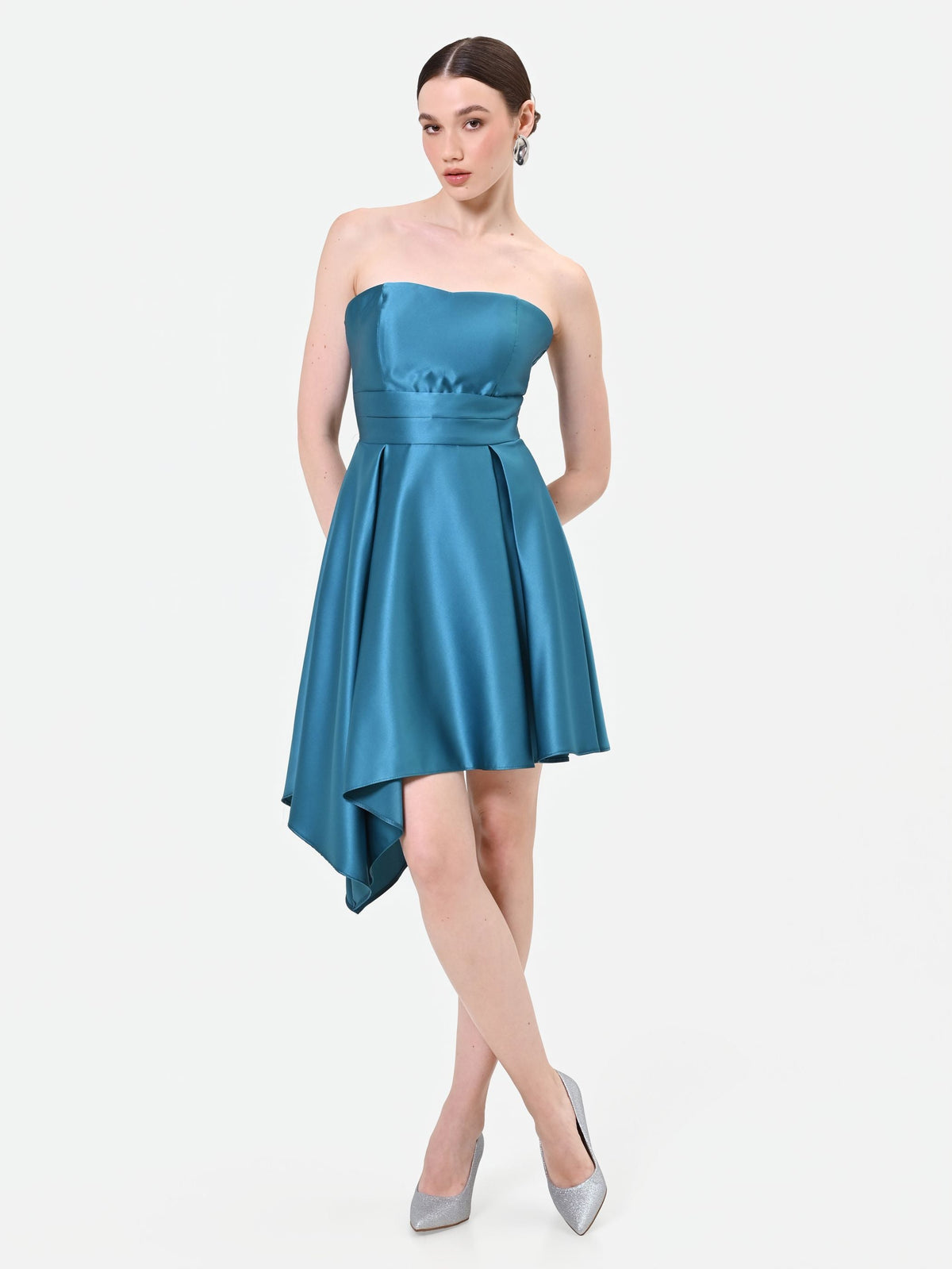 Asymmetric Bustier Dress in Teal, view 3