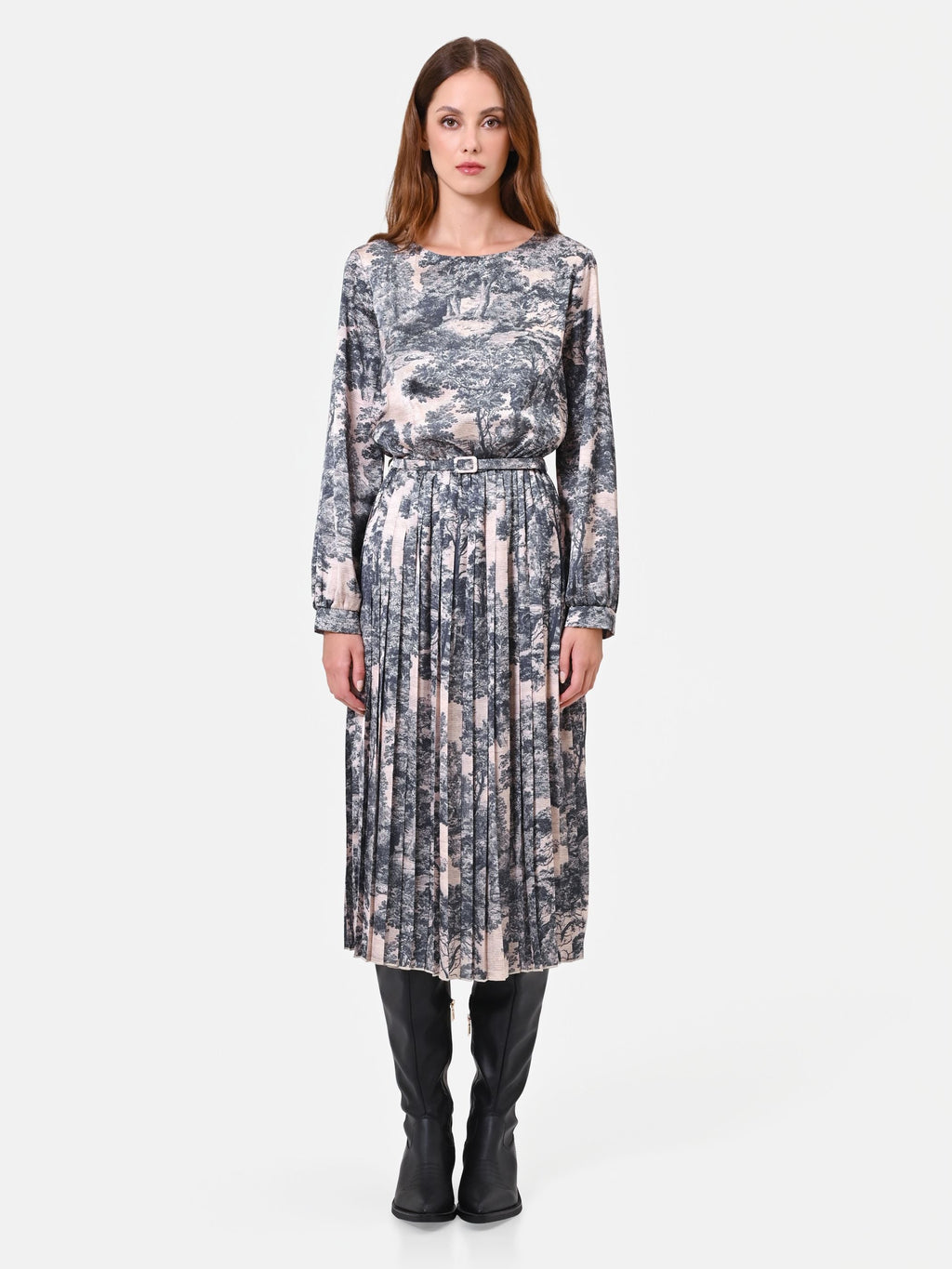 Toile-Print Pleated Midi Dress in Gray Toile Print, primary view