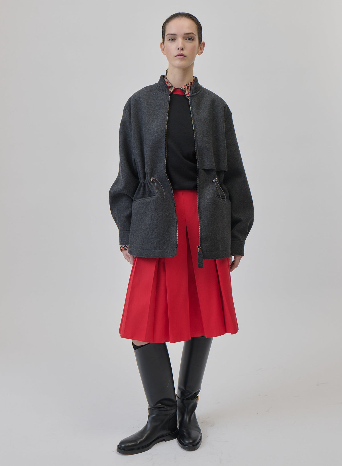 Double-Faced Wool and Cashmere Bomber Jacket in Black & Gray, view 3