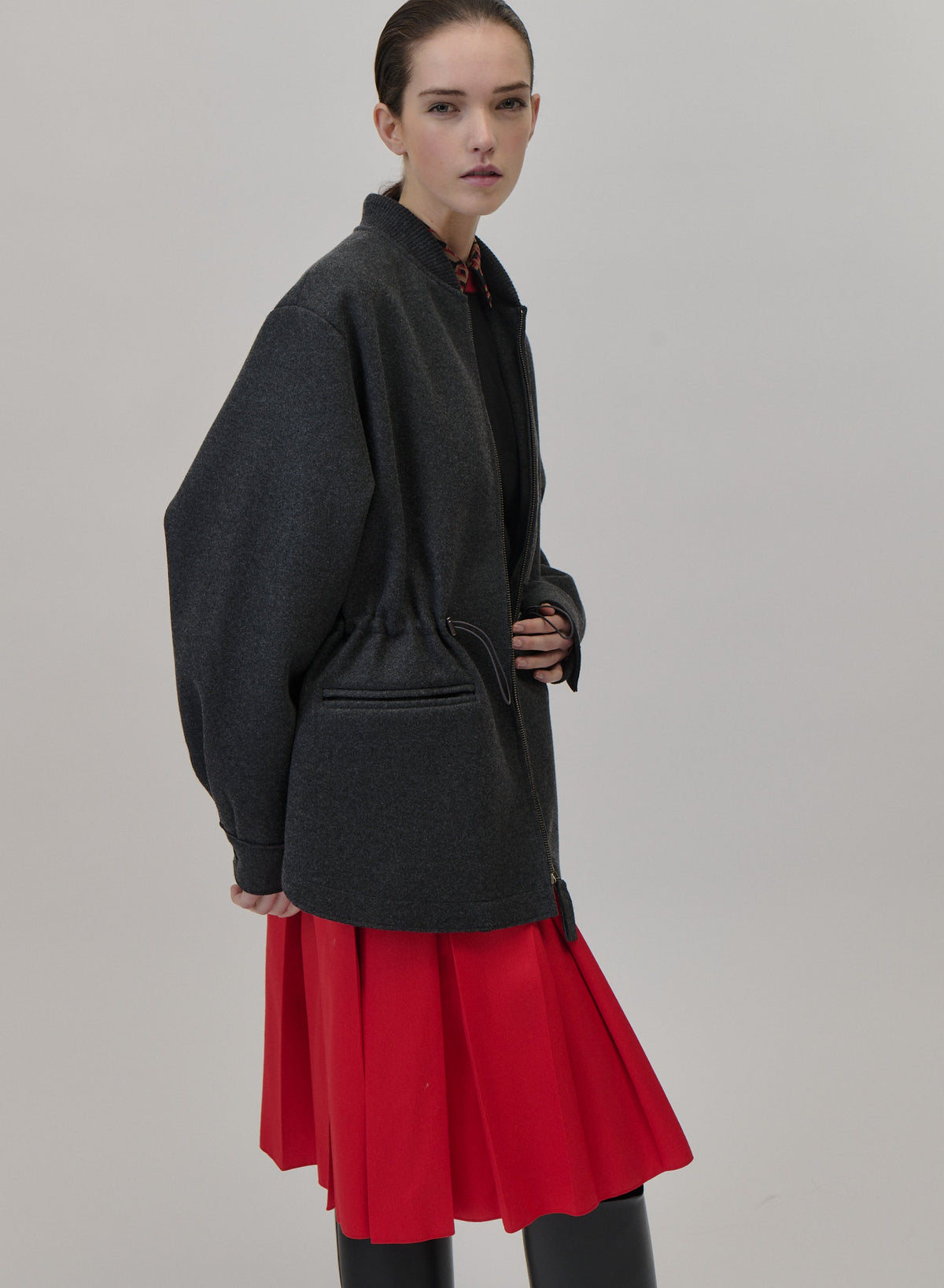 Double-Faced Wool and Cashmere Bomber Jacket in Black & Gray, view 2
