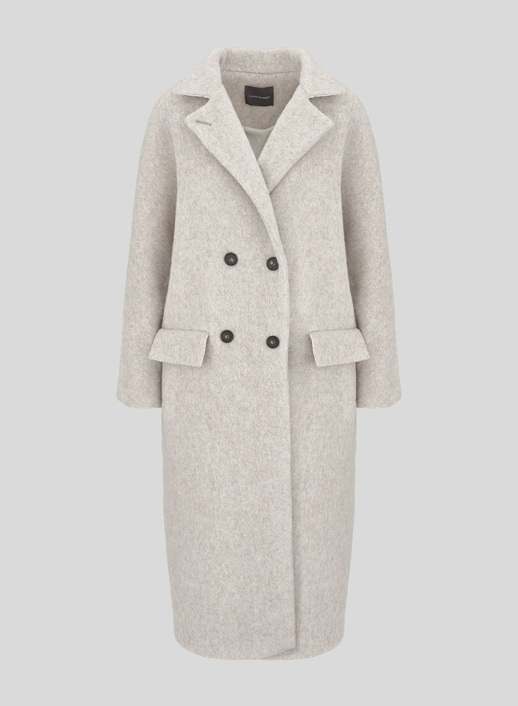Long Double-Breasted Alpaca and Wool Teddy Coat in Sand Beige, primary view
