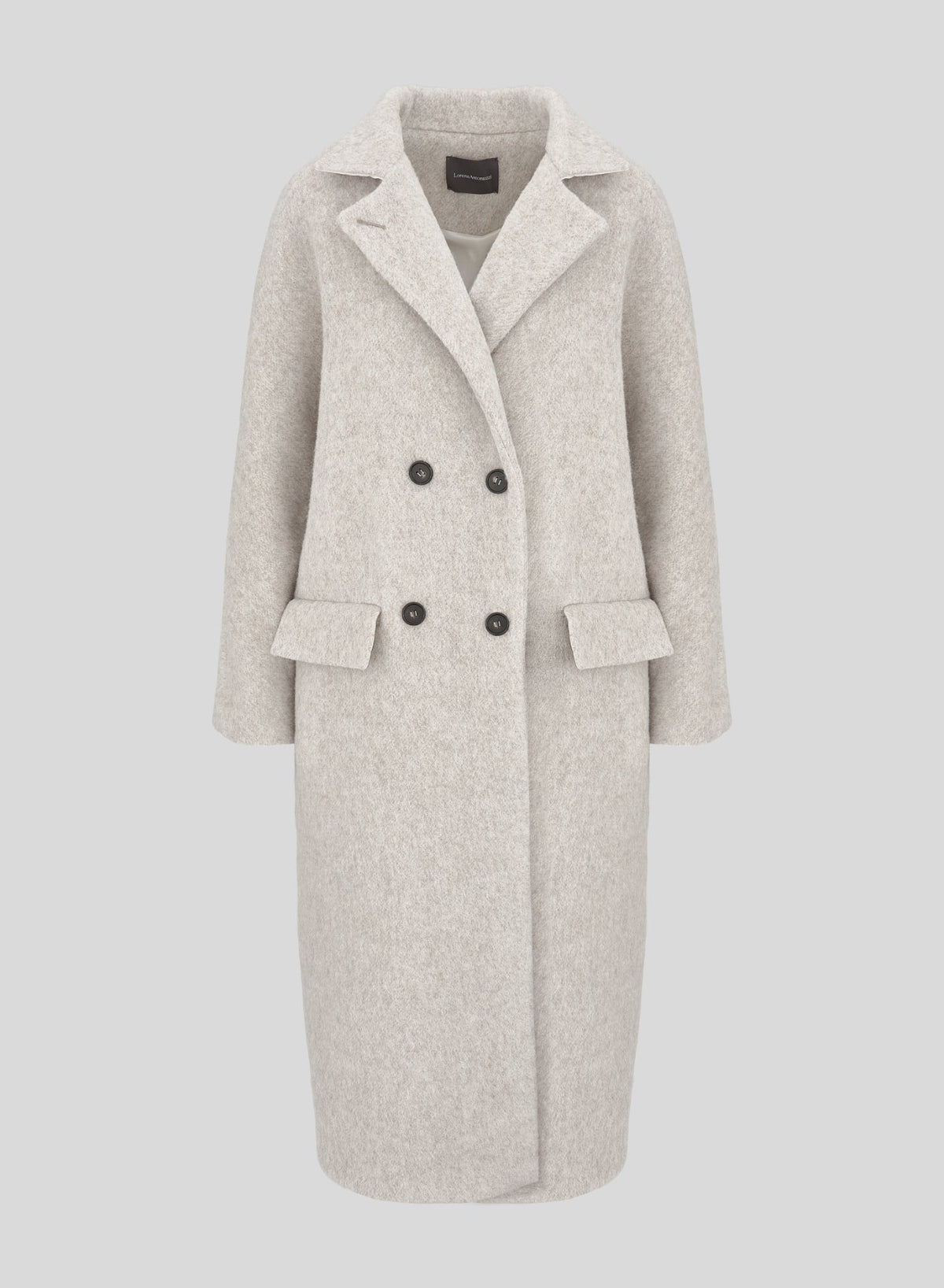 Long Double-Breasted Alpaca and Wool Teddy Coat in Sand Beige, primary view
