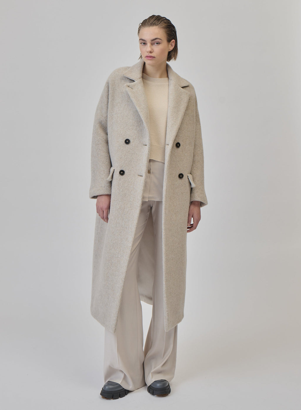 Long Double-Breasted Alpaca and Wool Teddy Coat in Sand Beige, view 3