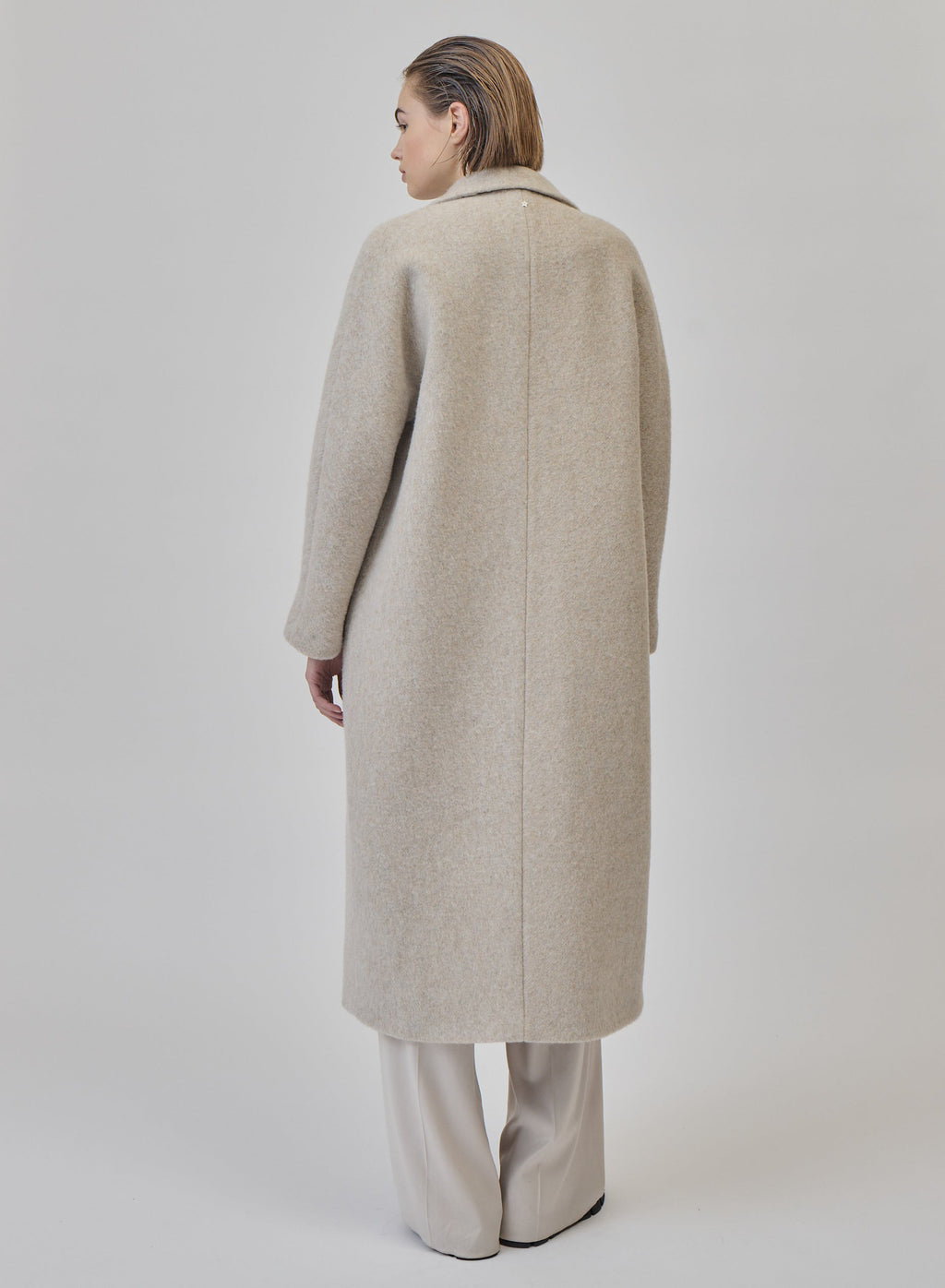 Long Double-Breasted Alpaca and Wool Teddy Coat in Sand Beige, view 4
