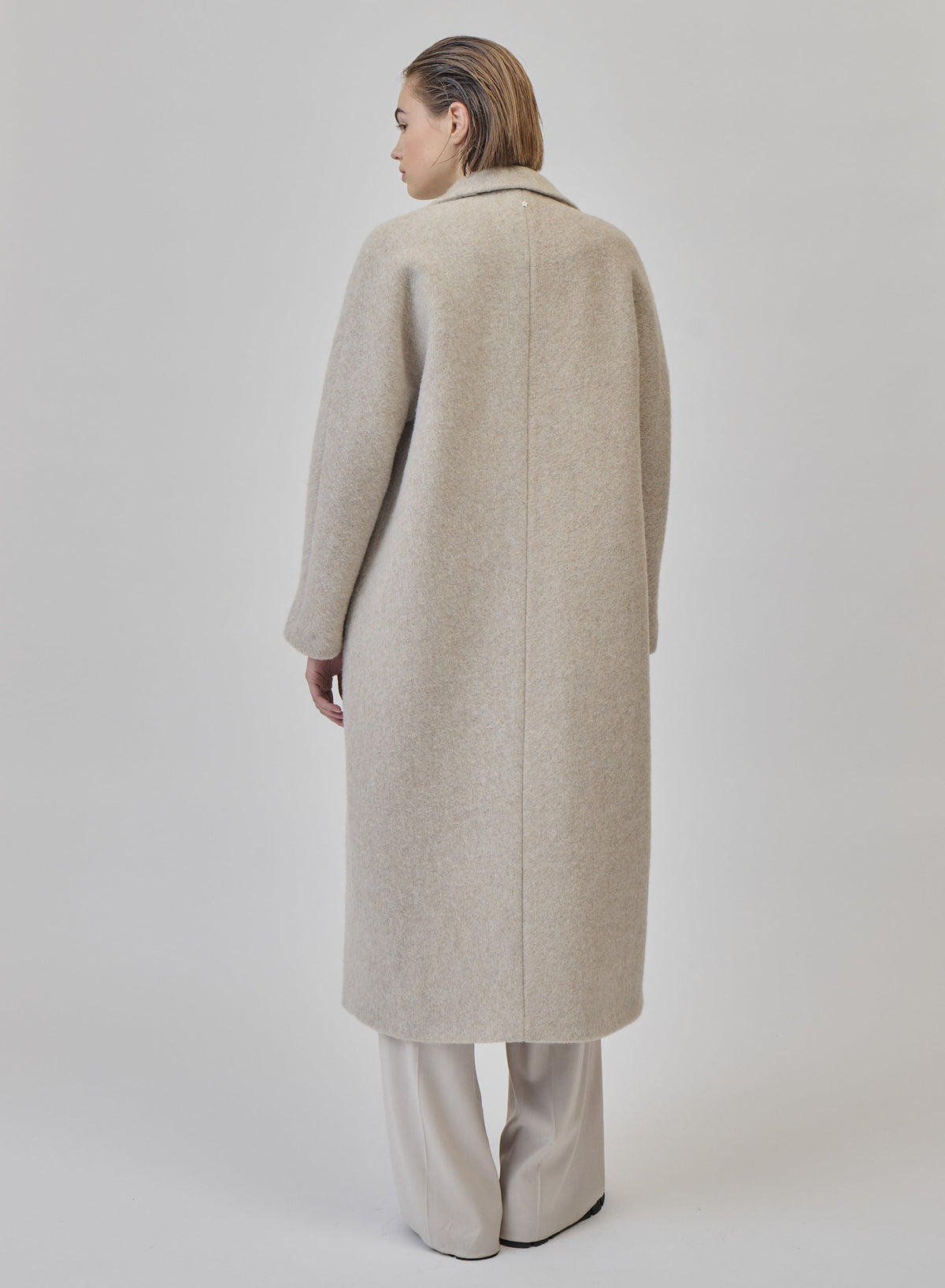 Long Double-Breasted Alpaca and Wool Teddy Coat in Sand Beige, view 4