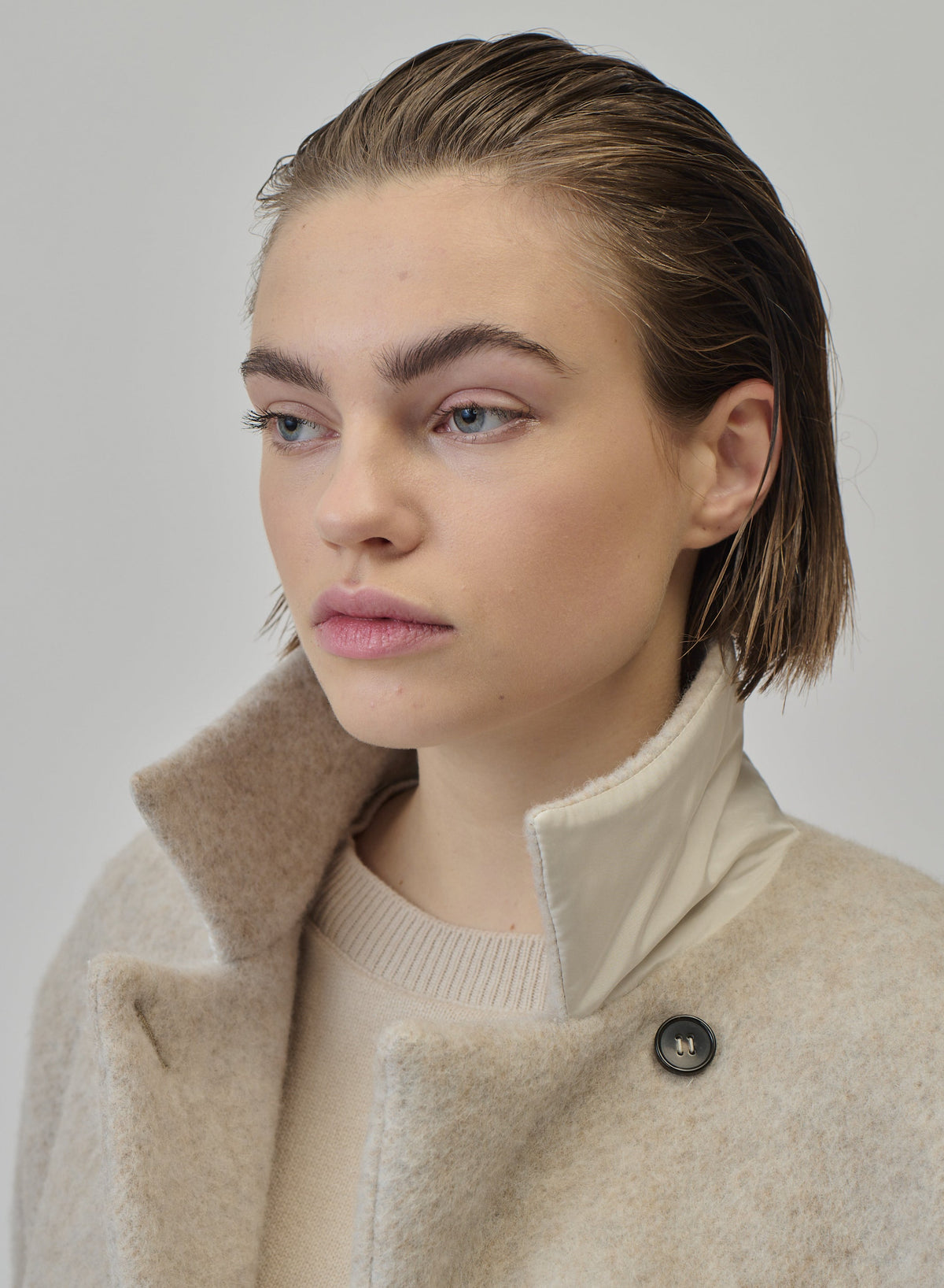Long Double-Breasted Alpaca and Wool Teddy Coat in Sand Beige, view 5
