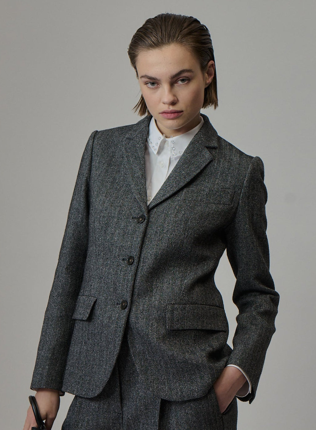 Single-Breasted Herringbone Wool and Silk Jacket — Lorena Antoniazzi